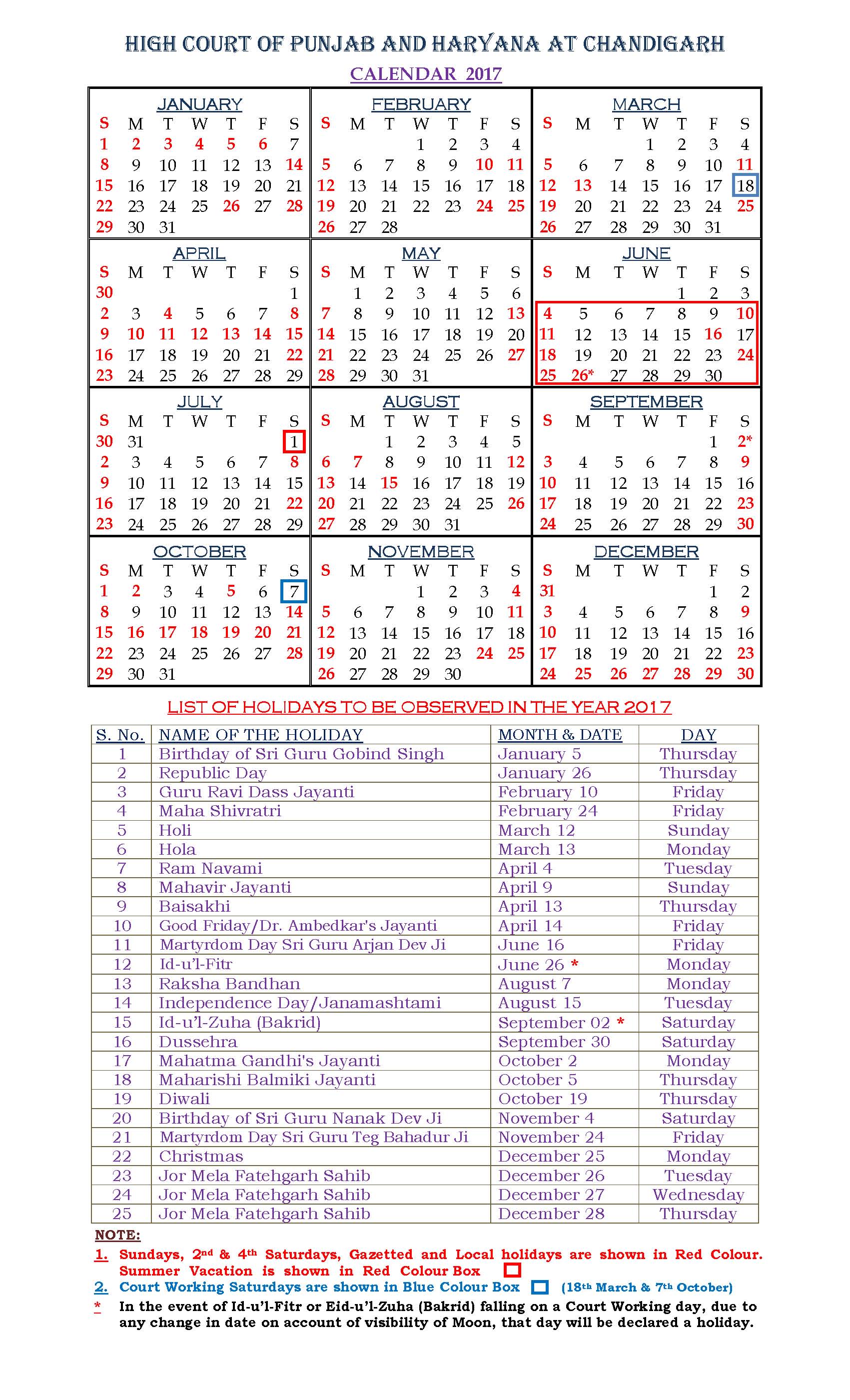 List Of Holidays For 2017 High Court Of Punjab And Haryana Punjab